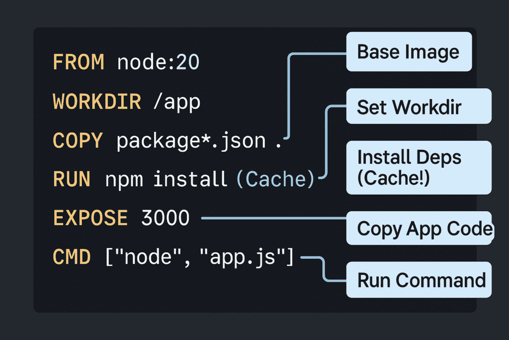Docker từ A-Z (Phần 3): Docker hóa Backend Node.js đầu tiên 2 Giải thích các lệnh cơ bản trong Dockerfile cho Node.js: FROM, WORKDIR, COPY, RUN, EXPOSE, CMD và tối ưu cache - siucode.com