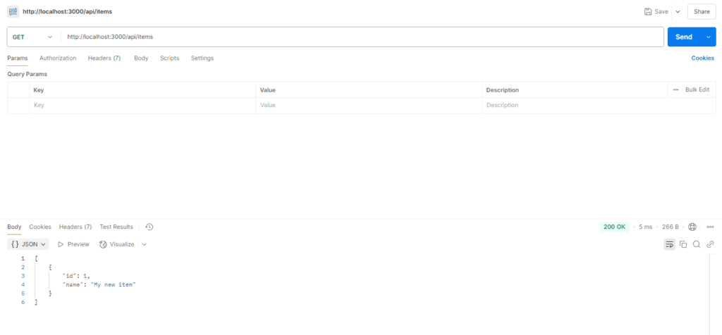 TypeScript, Node.js & Express
Postman: Lấy tất cả items (GET)