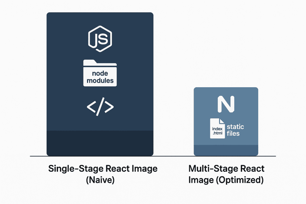 Học Docker từ A-Z (Phần 4): Docker hóa React App & Tối ưu với Multi-stage Build 2 so sanh kich thuoc image single vs multi stage